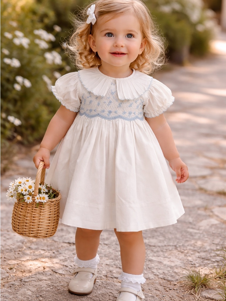 Vintage Toddler Girls Dress 2t Floral Embroidered White Blue Puff Sleeve Collar